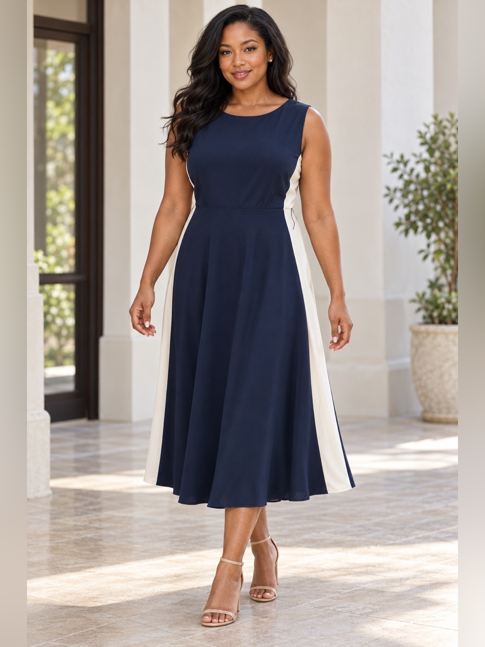 Lauren Ralph Lauren Dress 12 Navy Cream Colorblock Sleeveless Midi A-Line NoBelt